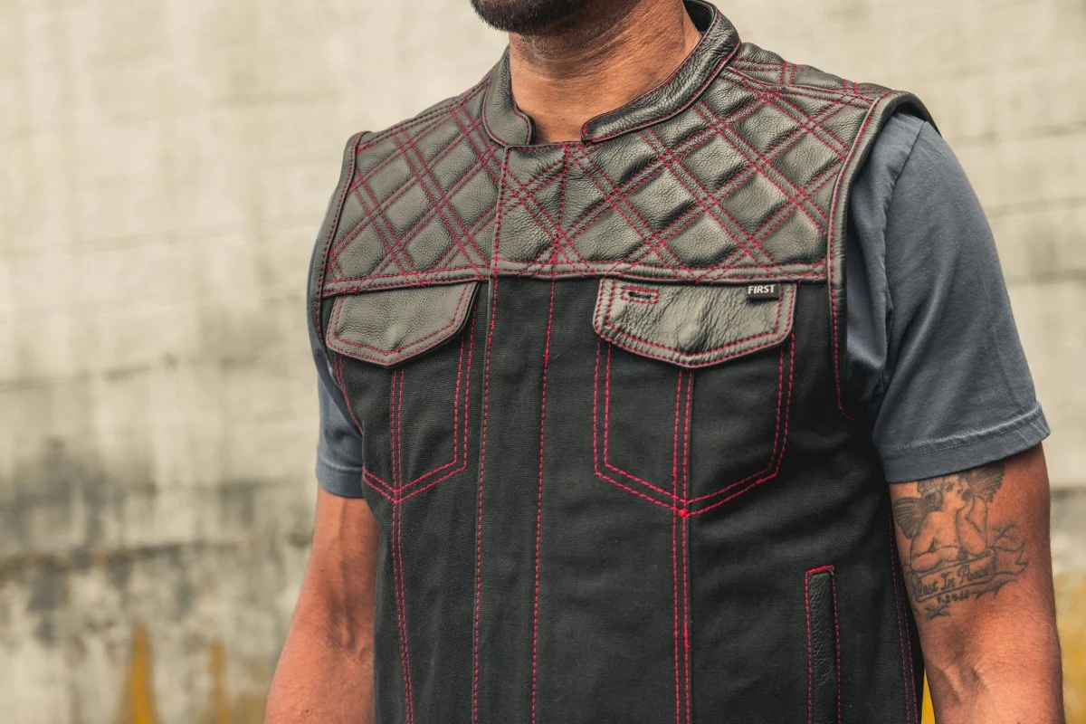 1433-hunt-club-motorcycle-leather-canvas-vest-black-red-3.webp Hunt Club Motorcycle Leather Canvas Vest Black/Red