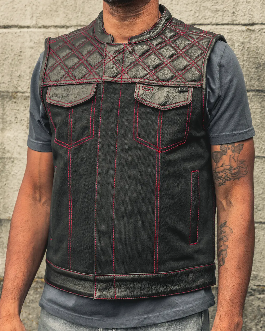 1433-hunt-club-motorcycle-leather-canvas-vest-black-red-8.webp Hunt Club Motorcycle Leather Canvas Vest Black/Red