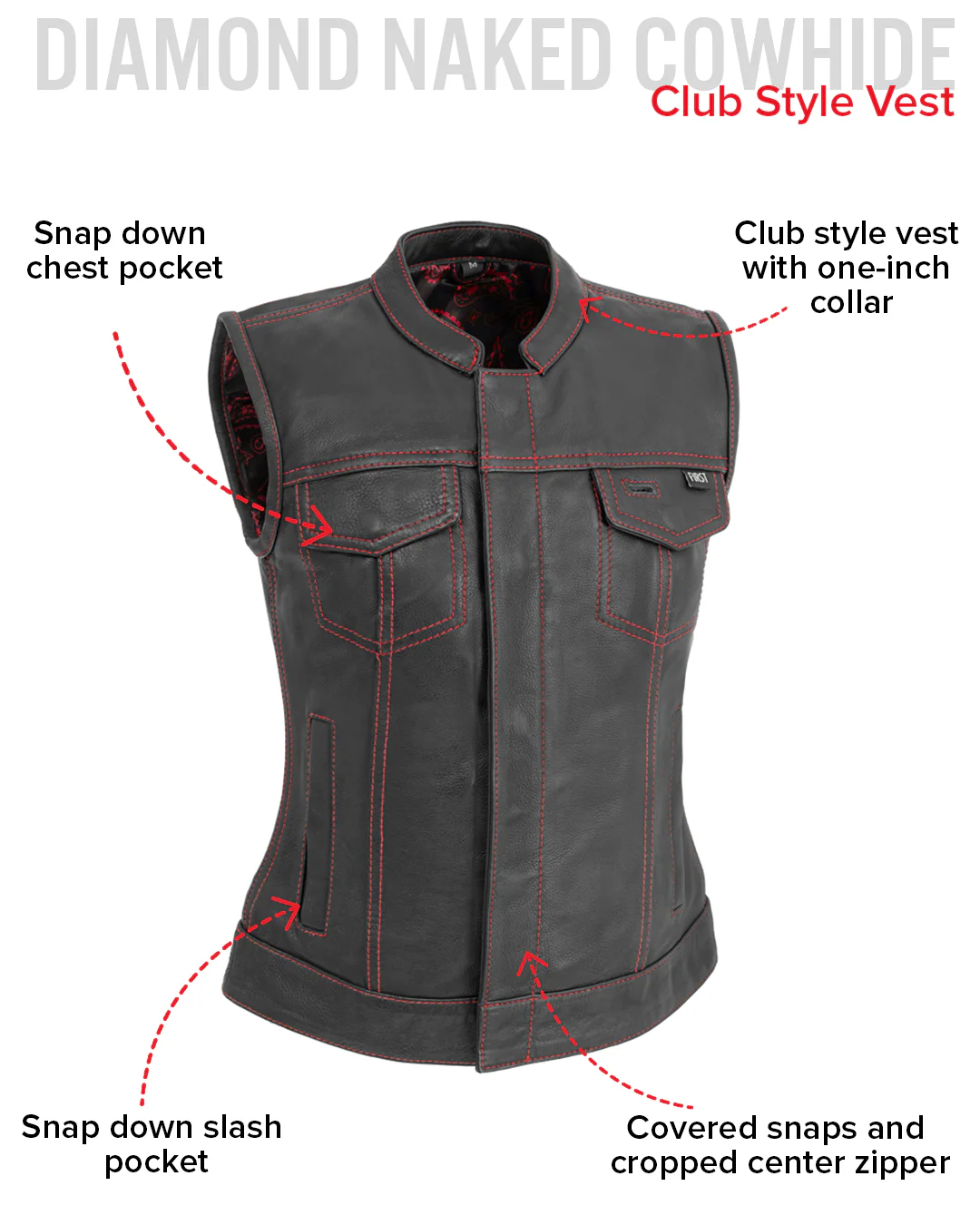 Jessica Women's Motorcycle Leather Vest - Black/Red - Limited Edition