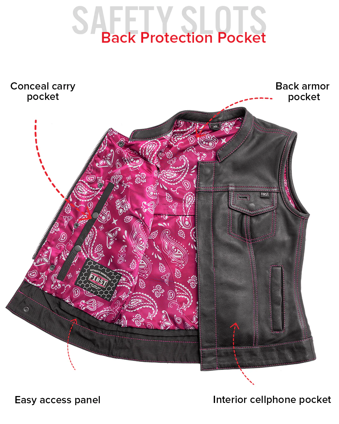 Jessica Women's  Motorcycle Leather Vest - Pink - Limited Edition