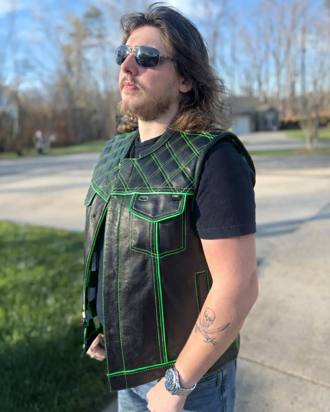 Finish Line - Green Checker - Men's Motorcycle Leather Vest