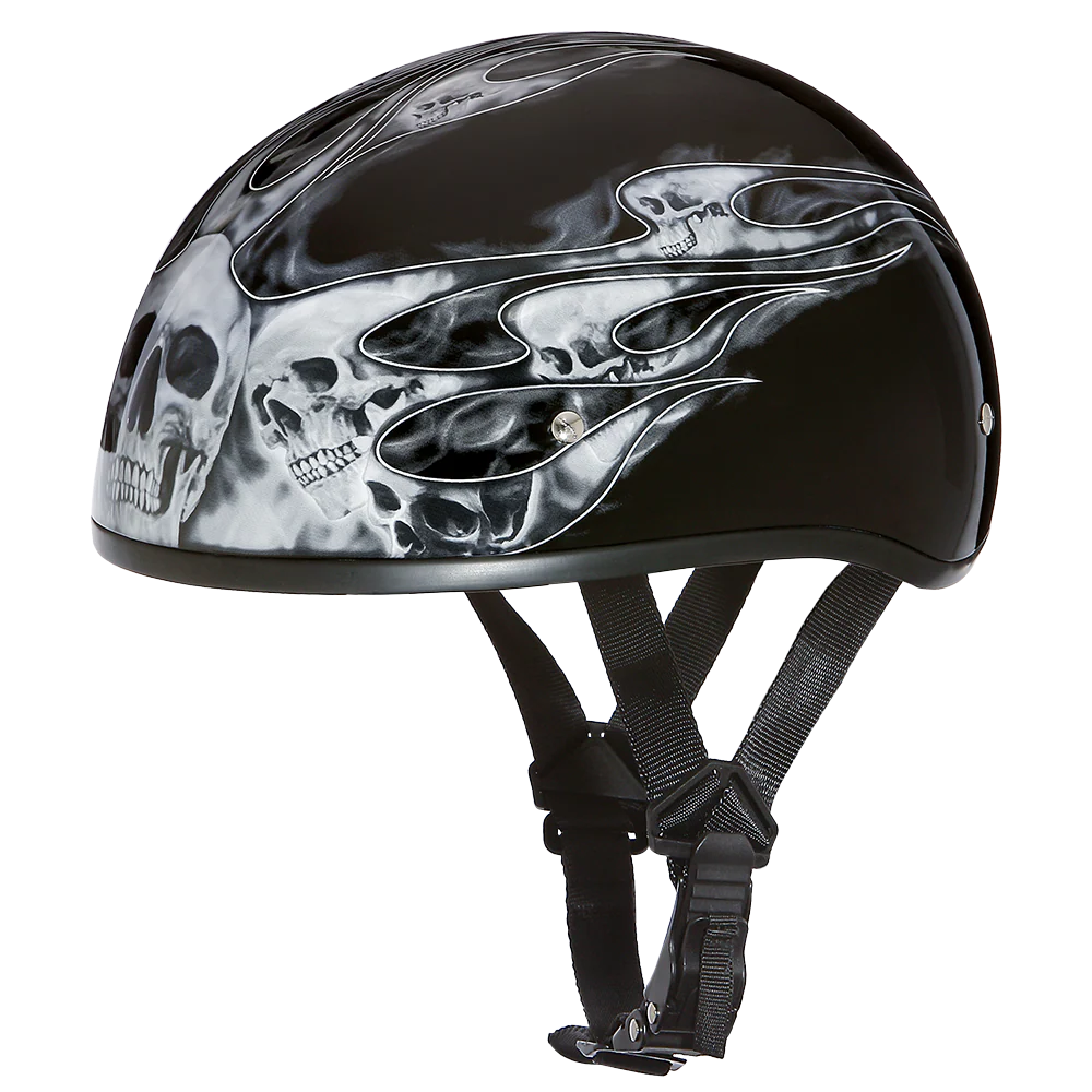 DOT Approved Daytona Motorcycle Half Face Helmet - Skull Cap Graphics for Men & Women, Scooters, ATVs, UTVs & Choppers - W/ Skull Flames Silver