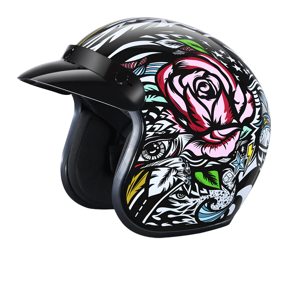 4864-dot-approved-daytona-cruiser-open-face-motorcycle-helmet-men-women-youth-with-visor-graphics-w-tribal-1.webp DOT Approved Daytona Cruiser Open Face Motorcycle Helmet - Men, Women & Youth - With Visor & Graphics - W/ Tribal