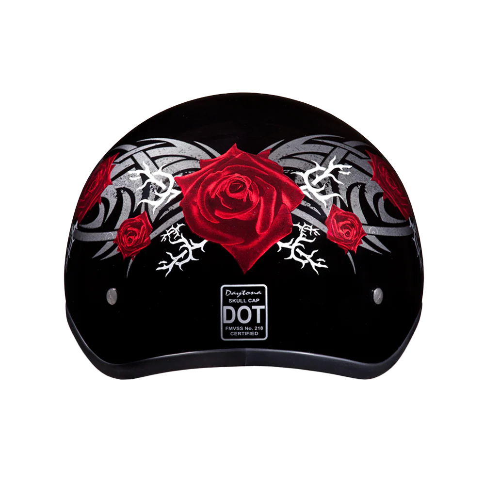 DOT Approved Daytona Motorcycle Half Face Helmet - Skull Cap Graphics for Men & Women, Scooters, ATVs, UTVs & Choppers - W/ Rose