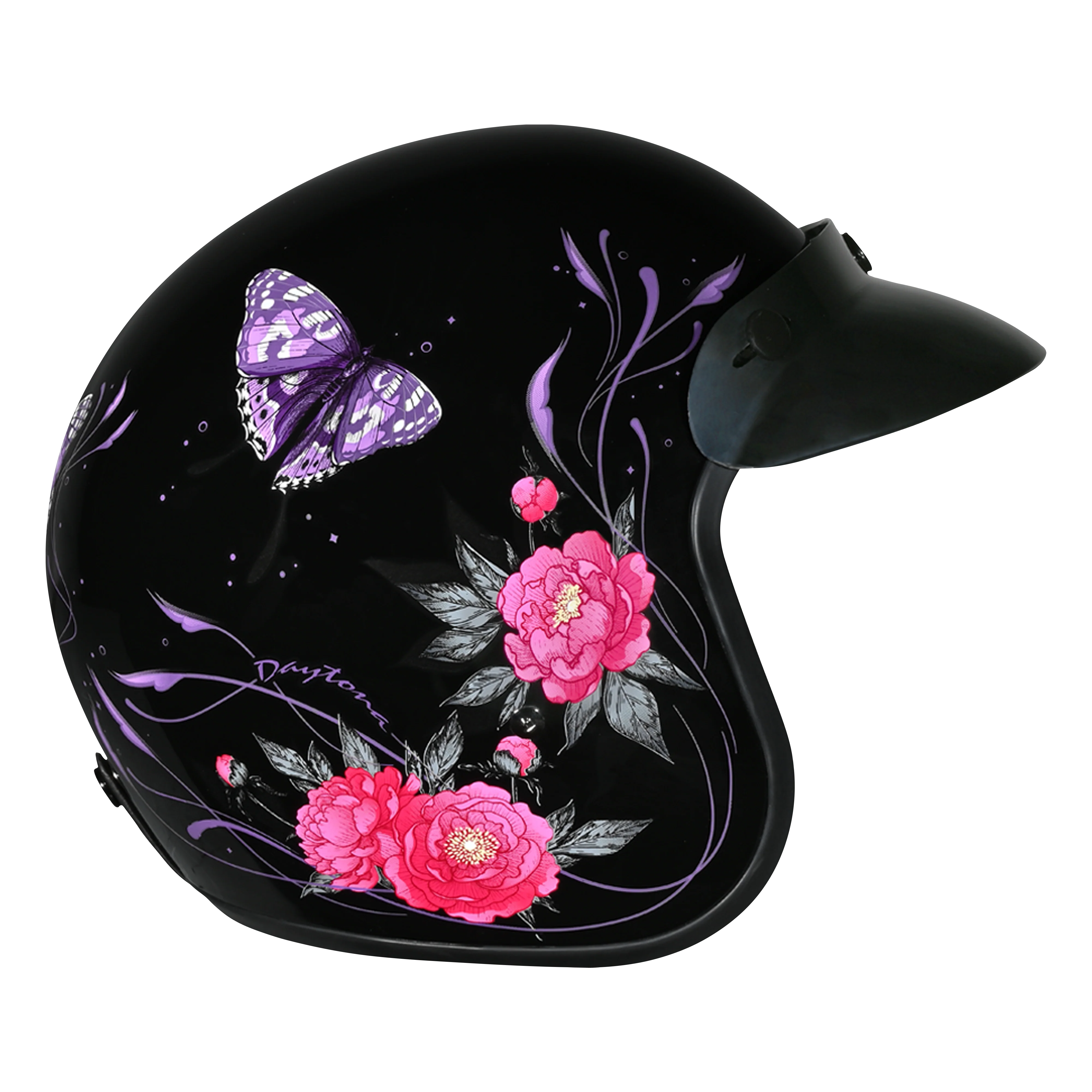 5384-dot-approved-daytona-cruiser-open-face-motorcycle-helmet-men-women-youth-with-visor-graphics-w-butterfly-3.webp DOT Approved Daytona Cruiser Open Face Motorcycle Helmet - Men, Women & Youth - With Visor & Graphics - W/ Butterfly