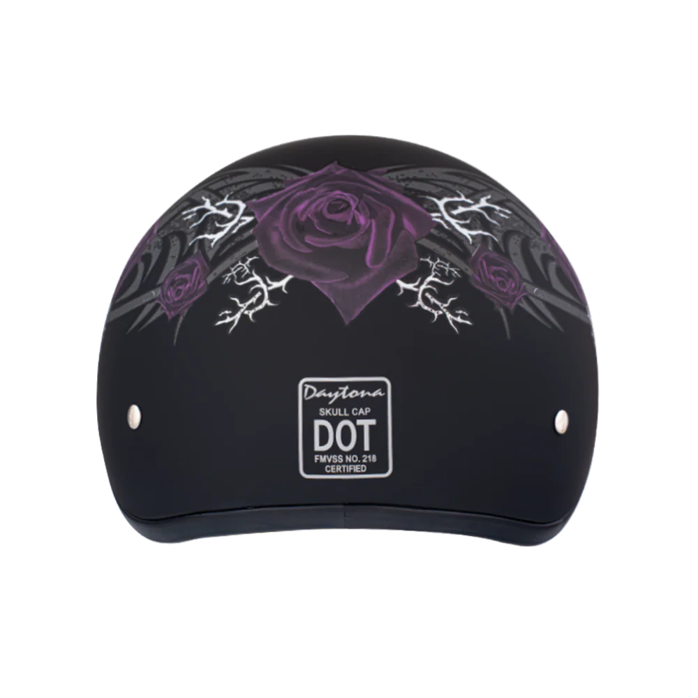 5670-dot-approved-daytona-motorcycle-half-face-helmet-skull-cap-graphics-for-men-women-scooters-atvs-utvs-choppers-w-purple-rose-1.webp DOT Approved Daytona Motorcycle Half Face Helmet - Skull Cap Graphics for Men & Women, Scooters, ATVs, UTVs & Choppers - W/ Purple Rose